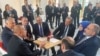 Czech Republic - Turkish President Tayyip Erdogan, accompanied by Foreign Minister Mevlut Cavusoglu, chats with Azerbaijan's President Ilham Aliyev and Armenia's Prime Minister Nikol Pashinian at the the European Political Community summit in Prague, October 6, 2022