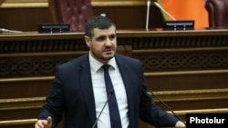 Armenia - Arman Yeghoyan, head of a parliament committee on European integration, speaks at a parliamentary hearing, Yerevan, June 21, 2024.