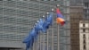Belgium - EU and Armenia-flags fly outside the EU headquarters in Brussels.