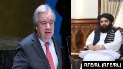 د طالبانو د بهرنیو چارو د وزیر او د ملګرو ملتونو د سرمنشي یو ځای شوی پخوانی انځور.