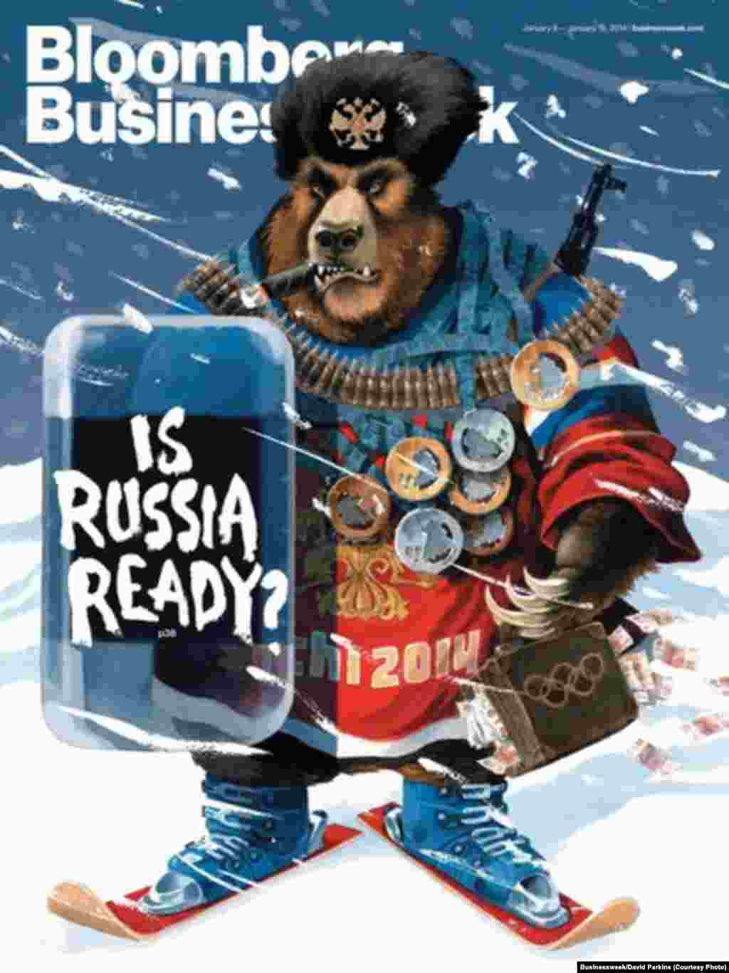 "Bloomberg Businessweek" журналы Олимпиада төзелешендәге коррупция проблемнарын күтәрә. Тышлыкта чит илләрдә Русия символы буларак кабул ителгән аю сурәтләнә.