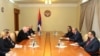 Nagorno-Karabakh - Bako Sahakian (C,R), president of Nagorno-Karabakh, meets with the OSCE Minsk Group co-chairs in Stepanakert,18Feb2015