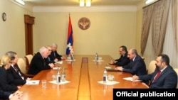 Nagorno-Karabakh - Bako Sahakian (C,R), president of Nagorno-Karabakh, meets with the OSCE Minsk Group co-chairs in Stepanakert,18Feb2015