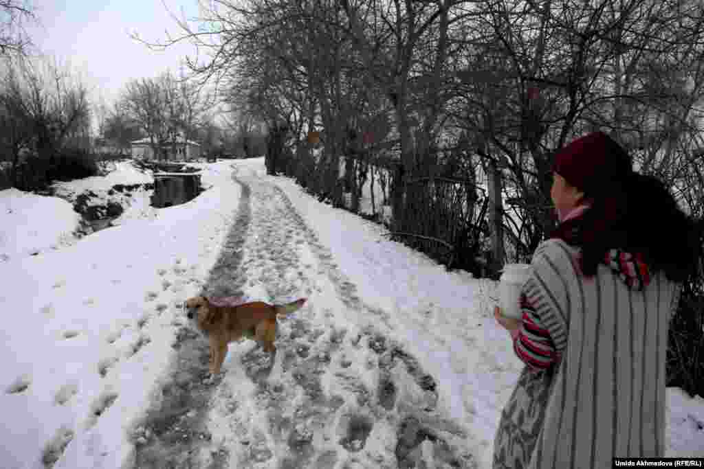 Жительница Жамбая несет домой молоко, которое ей дали соседи. 