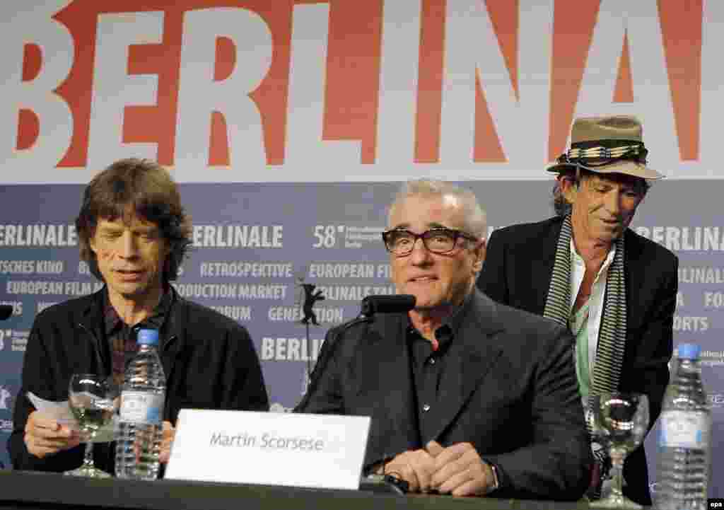 2008. Берлинский кинофестиваль. Джаггер, Ричардс и режиссер Мартин Скорсезе обсуждают документальный фильм последнего "Shine A Light" о турне "Роллингов".