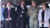 Armenia - Emergency Situations Minister Davit Tonoyan (L), U.S. Ambassador Richard Mills (second from left), U.S. General Lee Tafanelli and British Ambassador Judith Farnworth watch a U.S.-British-Armenian exercise in Lusakert, 28Jul2017.