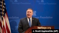 Secretary of State Mike Pompeo speaks at the Heritage Foundation, a conservative public policy think tank, in Washington, Monday, May 21, 2018.