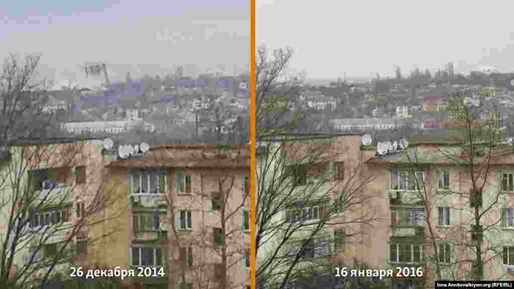 Фото сделано с одного ракурса 26 декабря 2014 (день взрыва) и 16 января 2016 года. 16-этажный дом был снесен взрывом со второго раза 