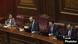 Armenia -- Newly elected speaker Ararat Mirzoyan (second from left) and his deputies Vahe Enfiajian (right), Alen Simonian (second from right) and Lena Nazarian at a parliament session in Yerevan, January 15, 2019.