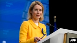Belgium - EU foreign policy chief Kaja Kallas holds a press conference at the EU headquarters in Brussels on February 24, 2025.