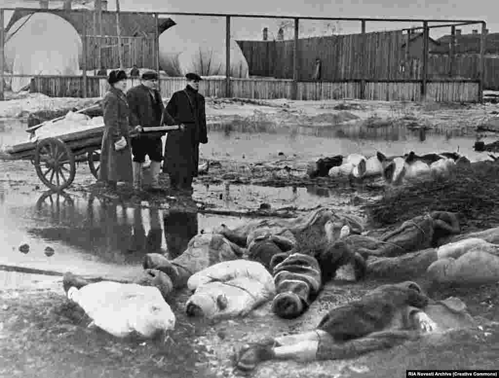 Мужчины приехали забрать тела жертв блокады Ленинграда в октябре 1942 года. Не сумев захватить Ленинград, нацистские войска окружили город с целью уморить население голодом. 
