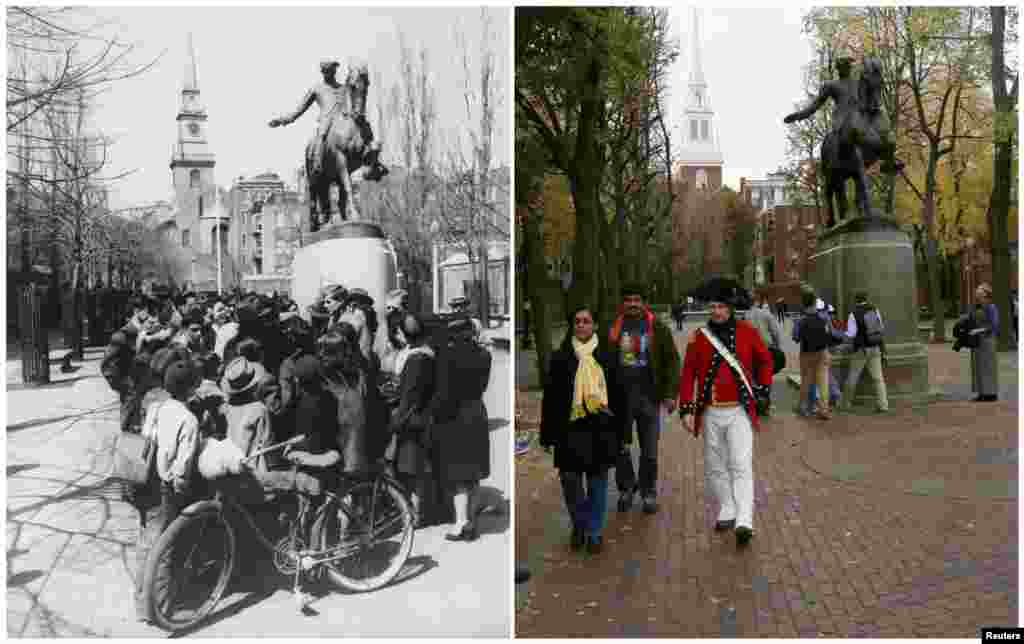 Left photo: John F. Kennedy campaigning for the U.S. Congress under a statue of Paul Revere in Boston in June 1946. Right photo: A guide dressed as a British soldier from the U.S. Revolutionary War leads a tour past the same statue on November 15, 2013.
