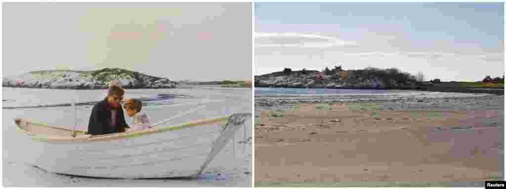 Left photo: U.S. President John F. Kennedy sitting in a rowboat with his son John F. Kennedy Jr. on Bailey's Beach in Newport, Rhode Island, on September 15, 1963. Right photo: The same spot on November 11, 2013.