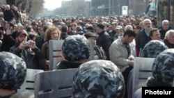 Armenia -- Riot police confront opposition protesters in Yerevan on March 1, 2008.