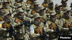 Armenia - Armenian special forces march during a military parade at the Sardarapat war memorial, 28May2016.