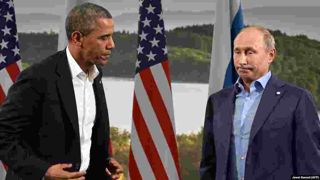 Президент России Владимир Путин и президент США Барак Обама на саммите G8 в Северной Ирландии (Великобритания). Июнь 2013 года. В 2014 году, после аннексии Крыма и начала украинского конфликта, Россия была исключена из "Большой восьмерки"